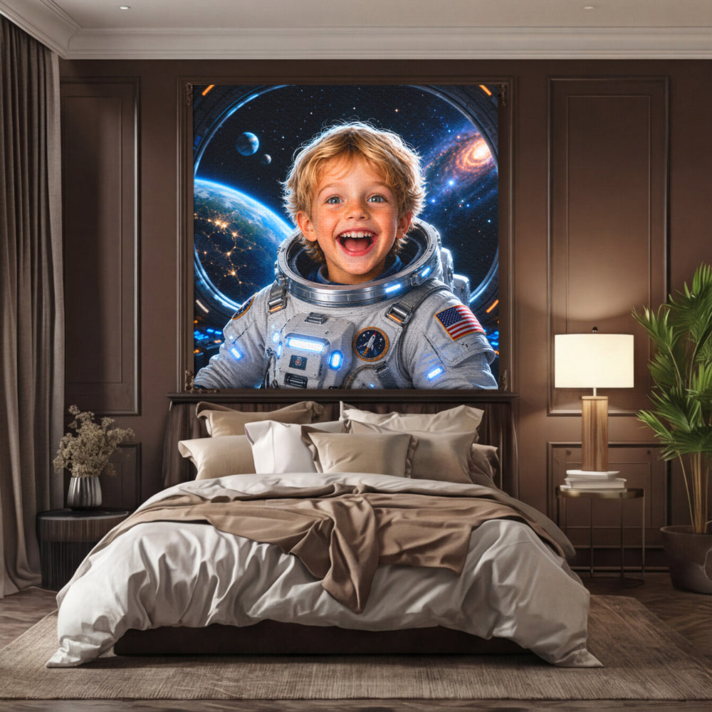 Tablou canvas cu tablou personalizat cu baiat astronaut, pe perete intr-un dormitor