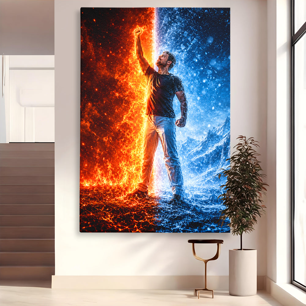 Tablou canvas cu tablou digital cu barbat si elemente de foc si gheata