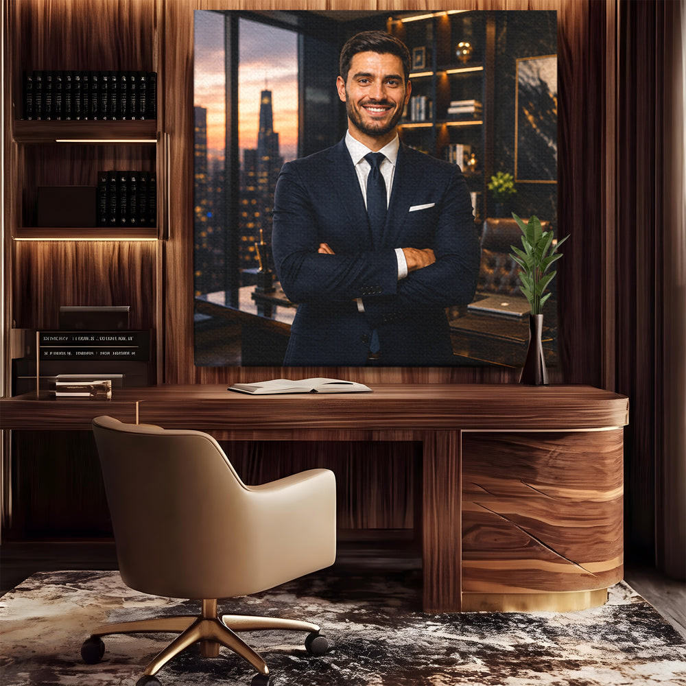 Tablou canvas cu tablou canvas cu barbat in costum, pe perete intr-un birou