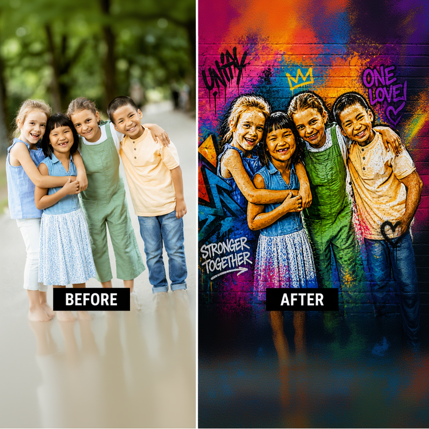 Tablou graffiti cu patru tineri zambitori, tablou canvas pentru perete