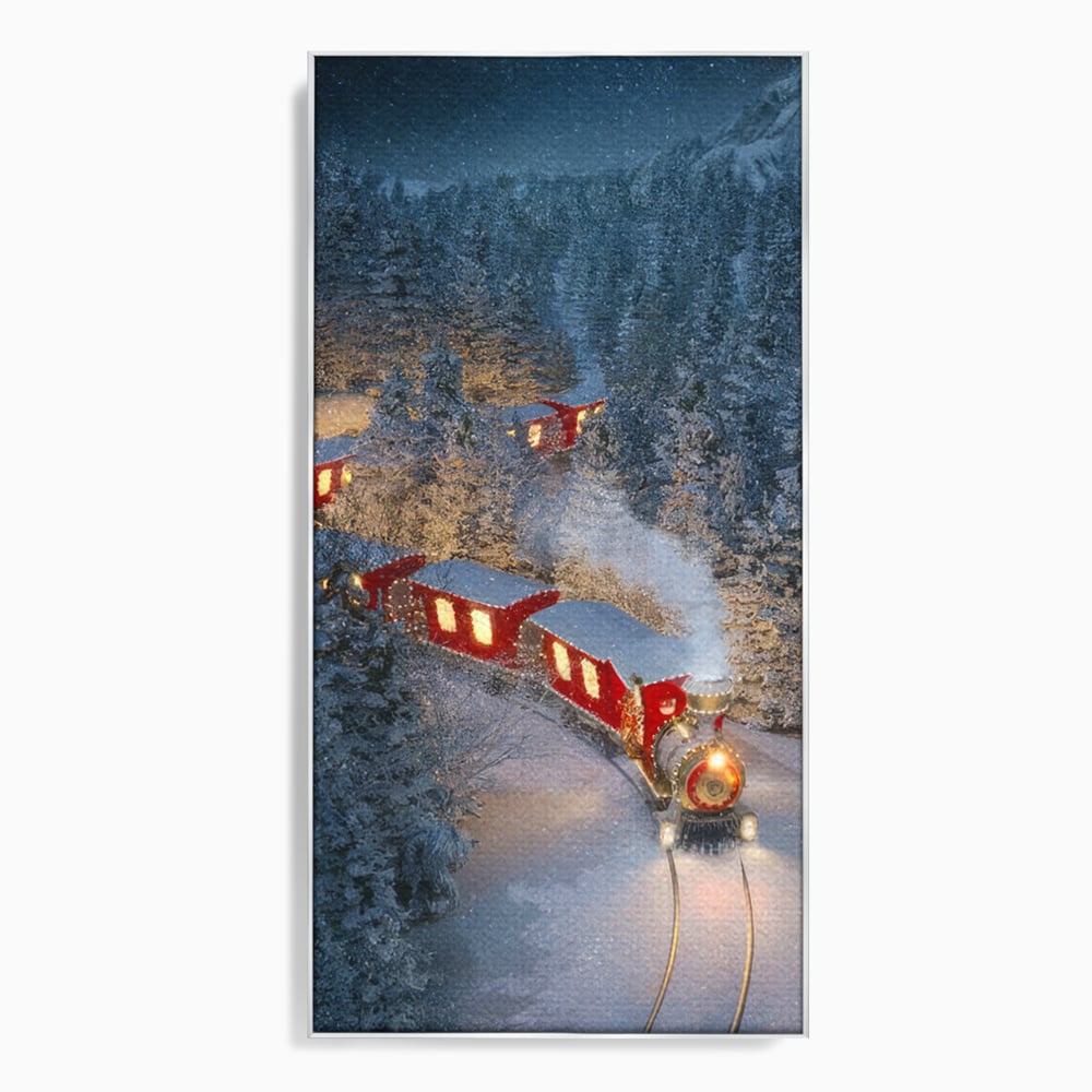 Tablou canvas cu tren rosu de craciun in zapada, in rama de aluminiu argintiu