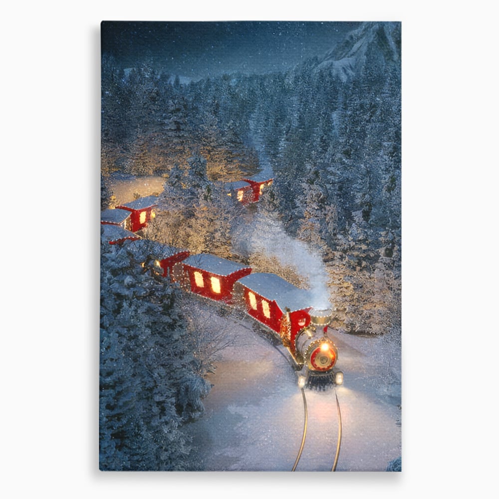 Tablou canvas cu tren rosu de craciun in zapada, fara rama, pe sasiu de lemn