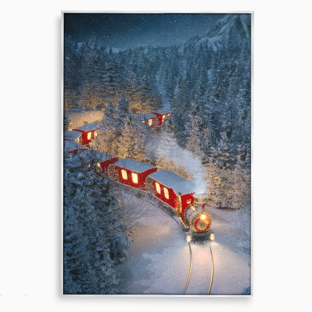 Tablou canvas cu tren rosu de craciun in zapada, in rama de aluminiu argintiu