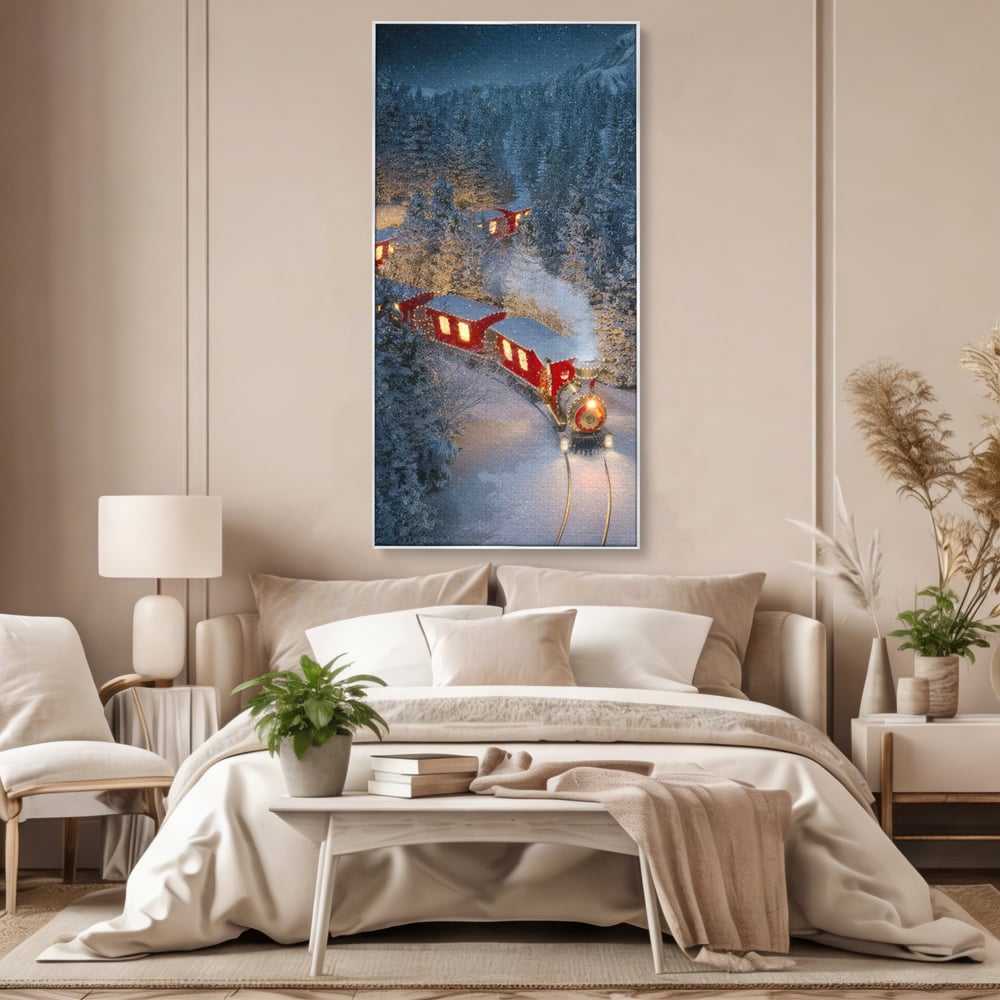 Tablou canvas cu tren rosu de craciun in zapada, in rama de aluminiu argintiu, pe perete intr-un dormitor