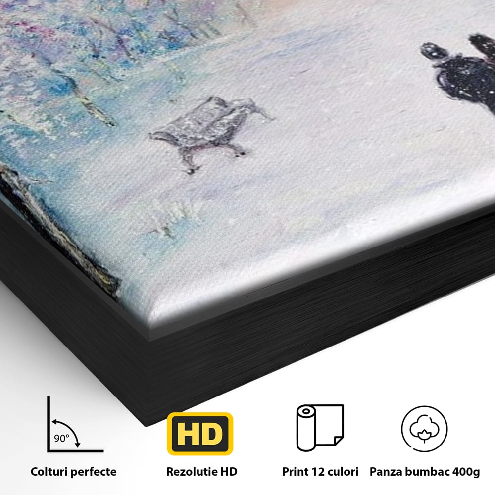 Detaliu al suprafetei: tablou pictura cuplu pe zapada, in rama de aluminiu negru