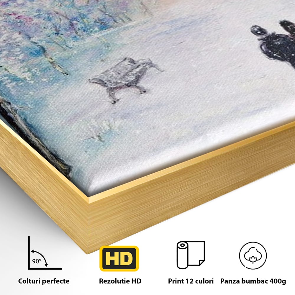 Detaliu al suprafetei: tablou pictura cuplu pe zapada, in rama de aluminiu auriu