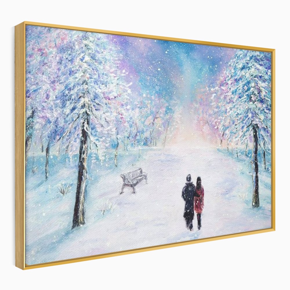Tablou canvas cu tablou pictura cuplu pe zapada, in rama de aluminiu auriu