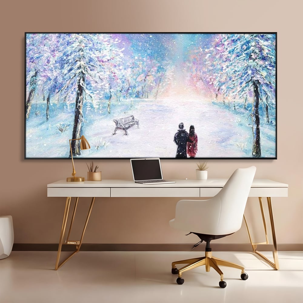 Tablou canvas cu tablou pictura cuplu pe zapada, in rama de aluminiu negru, pe perete intr-un birou