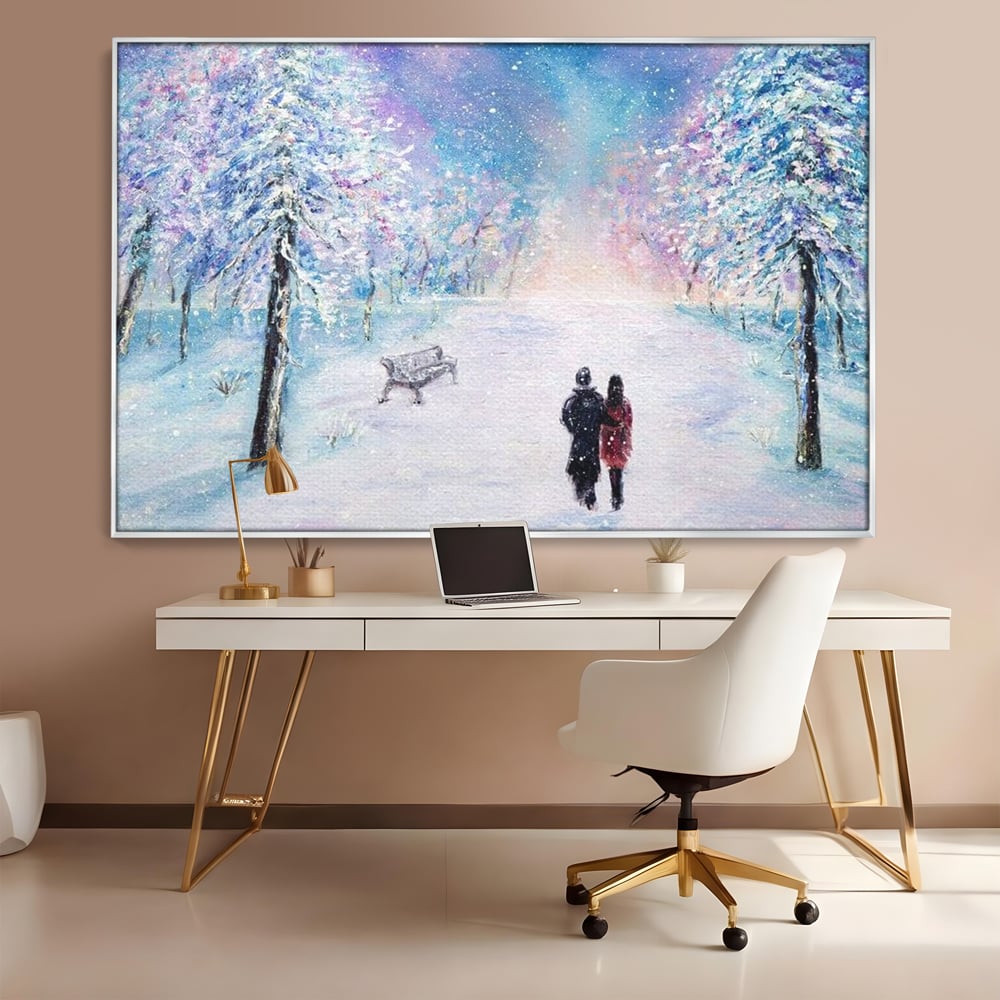 Tablou canvas cu tablou pictura cuplu pe zapada, in rama de aluminiu argintiu, pe perete intr-un birou