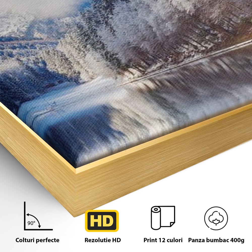 Detaliu al suprafetei: tablou canvas cu peisaj montan iarna, in rama de aluminiu auriu