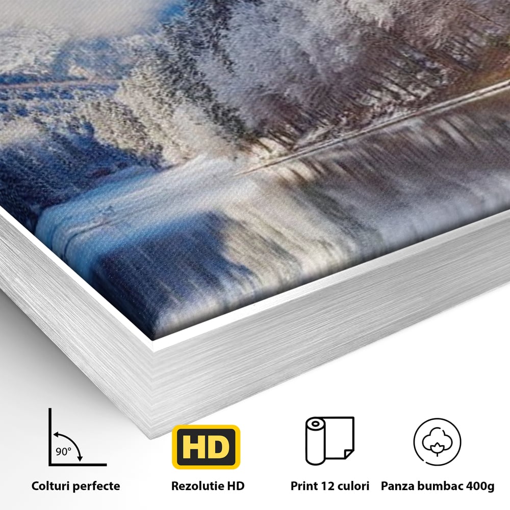 Detaliu al suprafetei: tablou canvas cu peisaj montan iarna, in rama de aluminiu argintiu
