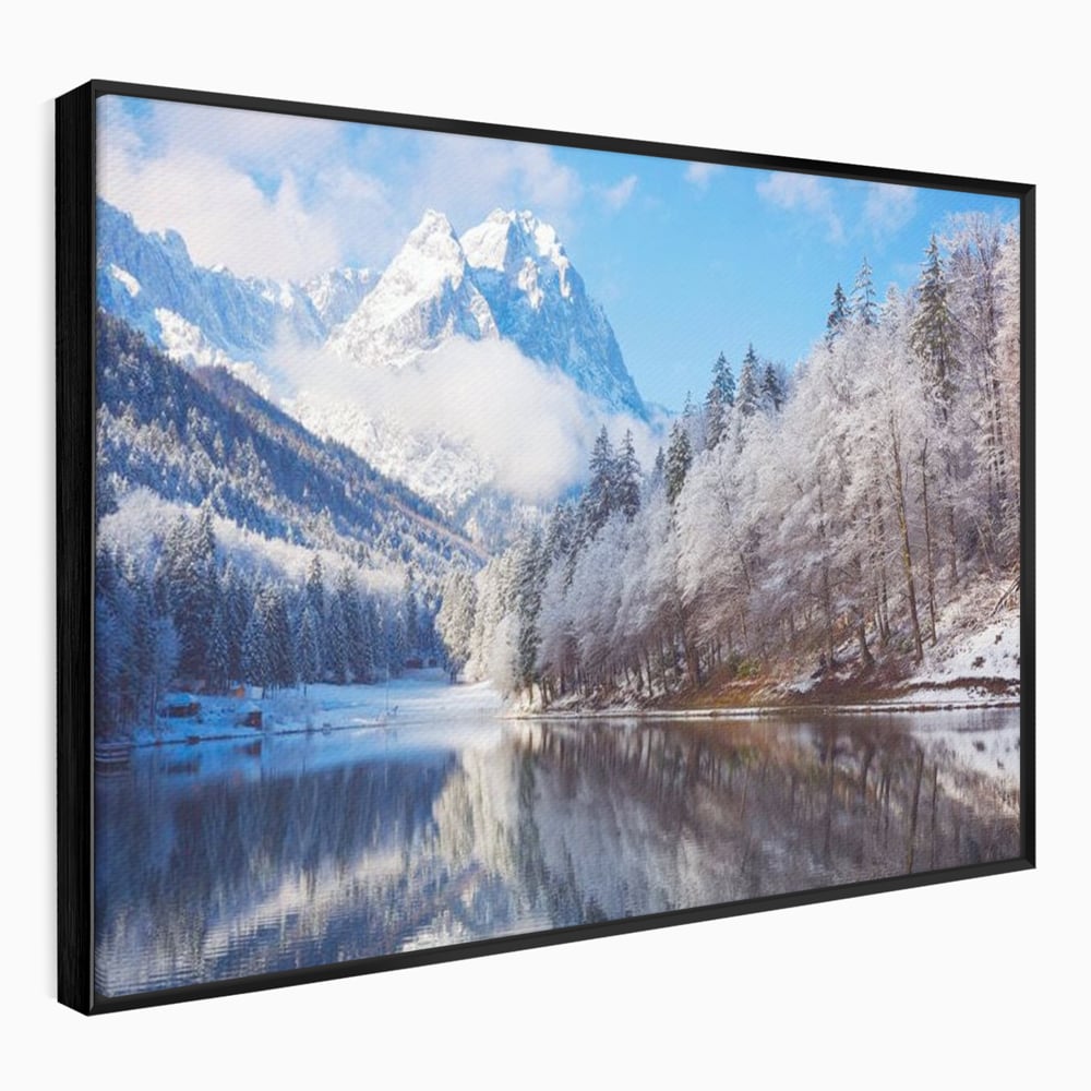 Tablou canvas cu tablou canvas cu peisaj montan iarna, in rama de aluminiu negru