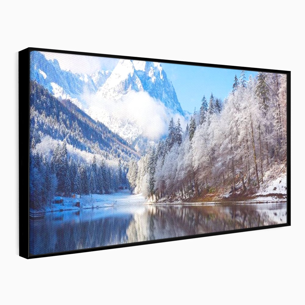 Tablou canvas cu tablou canvas cu peisaj montan iarna, in rama de aluminiu negru
