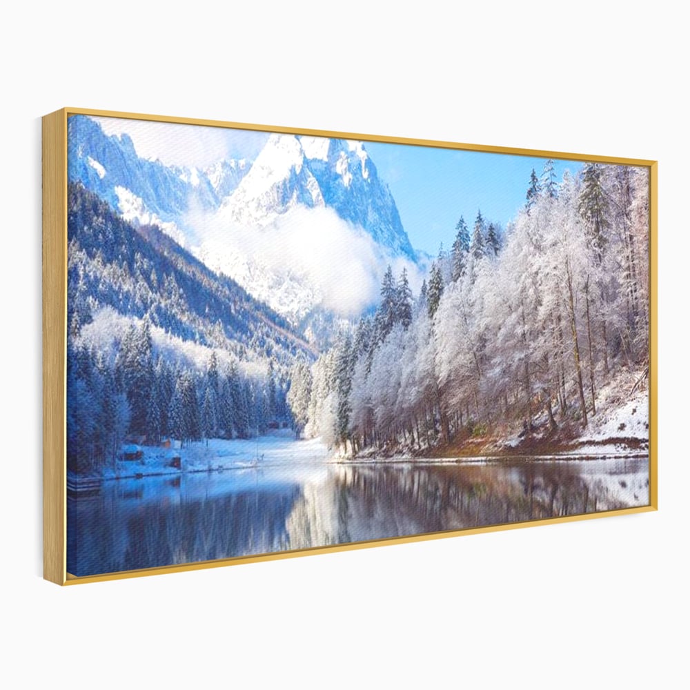 Tablou canvas cu tablou canvas cu peisaj montan iarna, in rama de aluminiu auriu