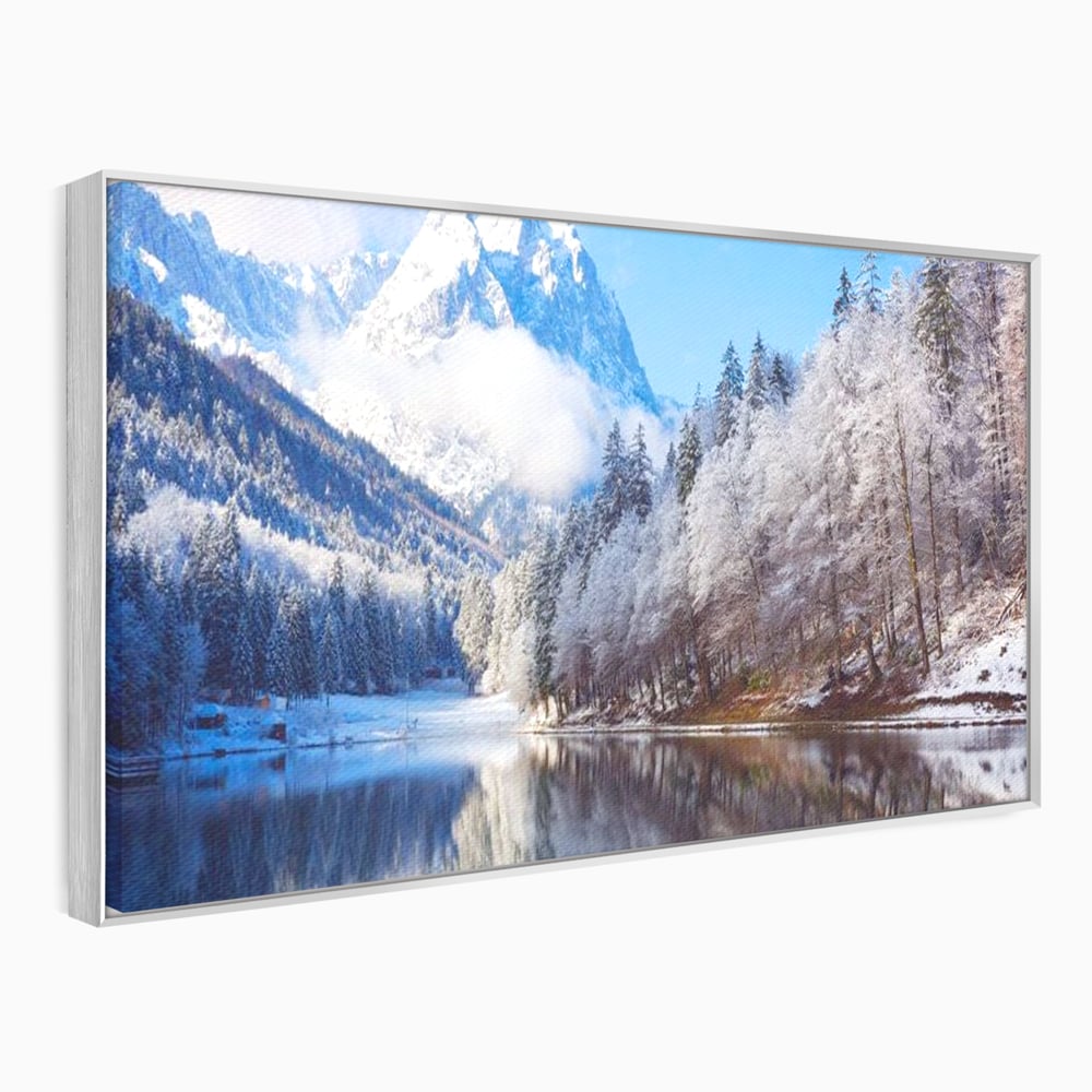 Tablou canvas cu tablou canvas cu peisaj montan iarna, in rama de aluminiu argintiu