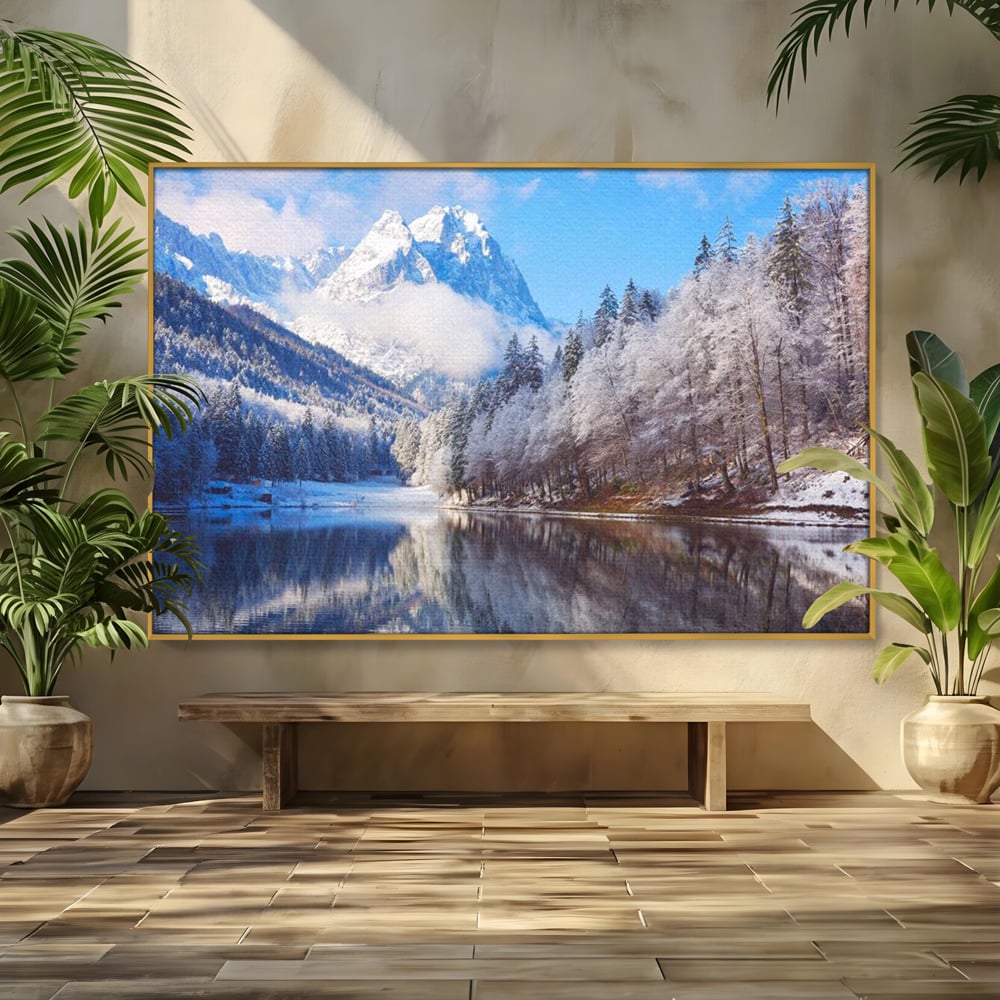 Tablou canvas cu tablou canvas cu peisaj montan iarna, in rama de aluminiu auriu