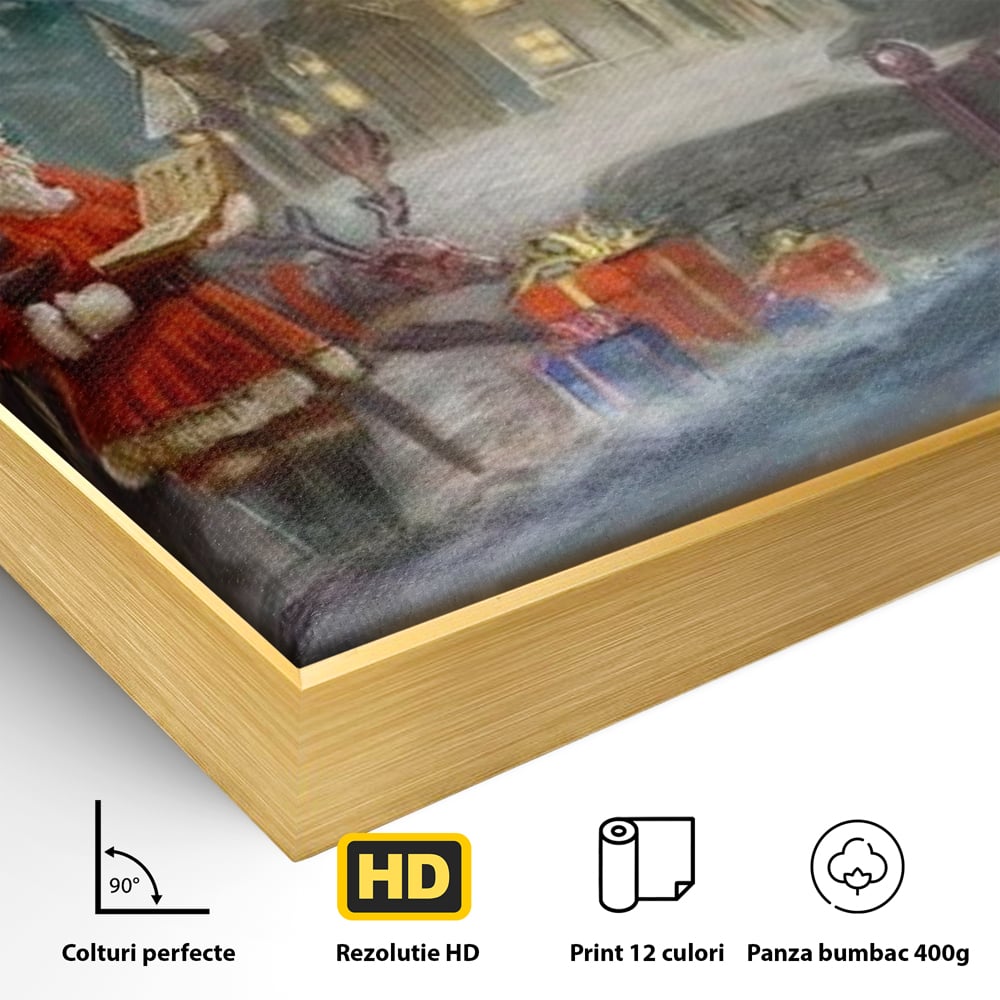 Detaliu al suprafetei: tablou canvas cu mos craciun si reni, in rama de aluminiu auriu