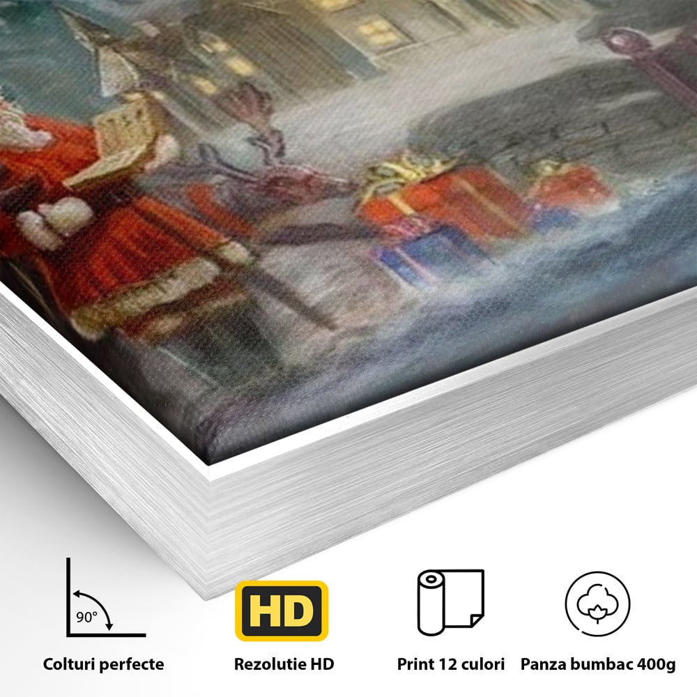 Detaliu al suprafetei: tablou canvas cu mos craciun si reni, in rama de aluminiu argintiu