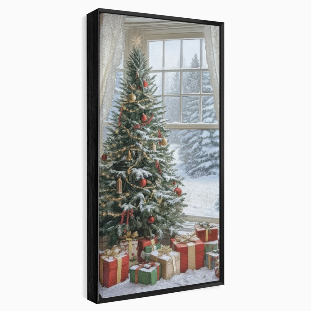 Tablou canvas cu tablou canvas cu brad de craciun si cadouri, in rama de aluminiu negru