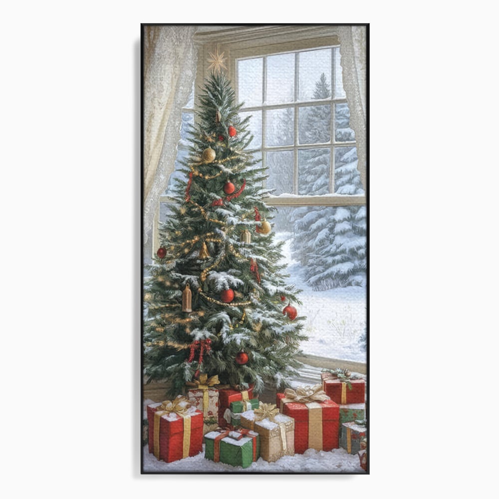 Tablou canvas cu tablou canvas cu brad de craciun si cadouri, in rama de aluminiu negru