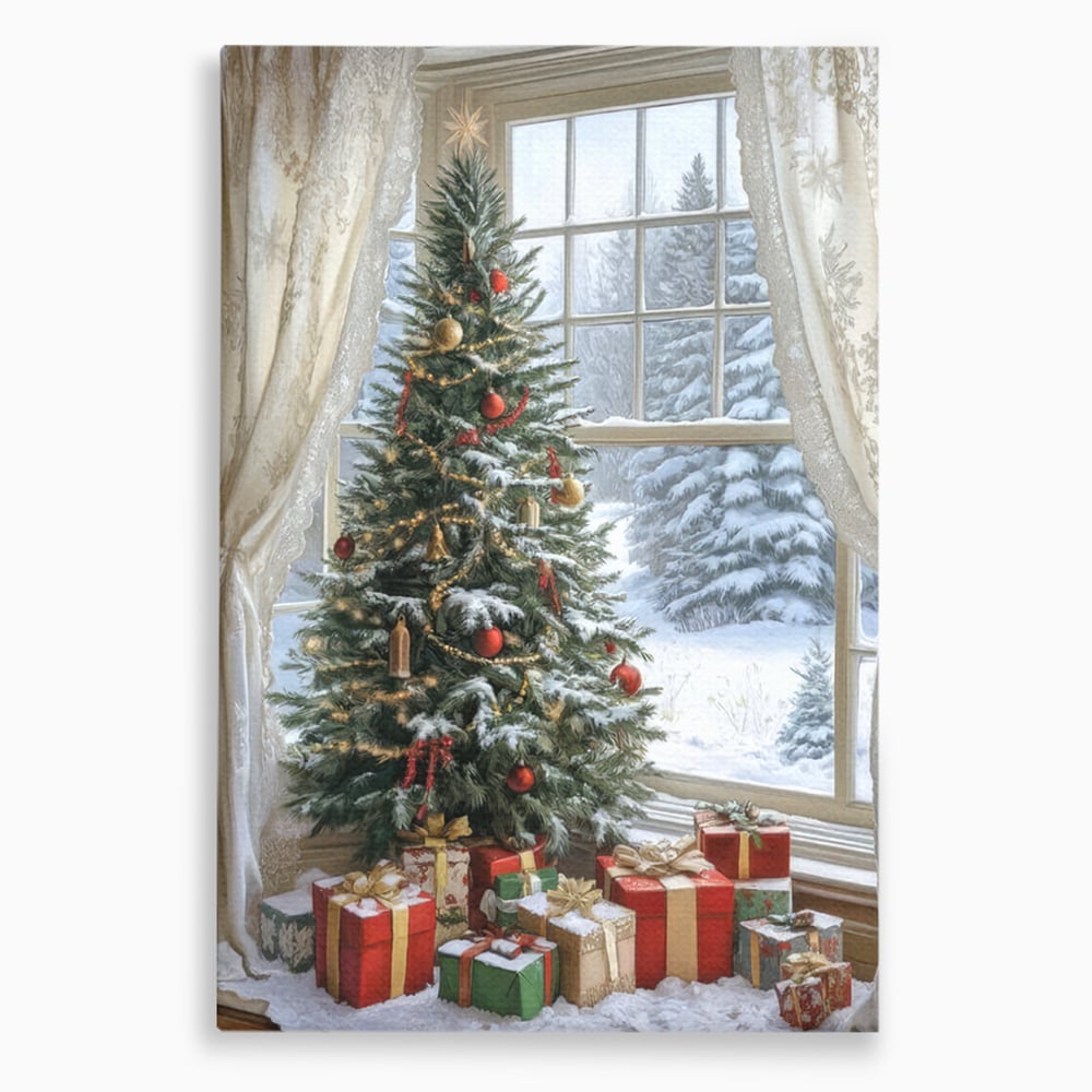 Tablou canvas cu tablou canvas cu brad de craciun si cadouri, fara rama, pe sasiu de lemn