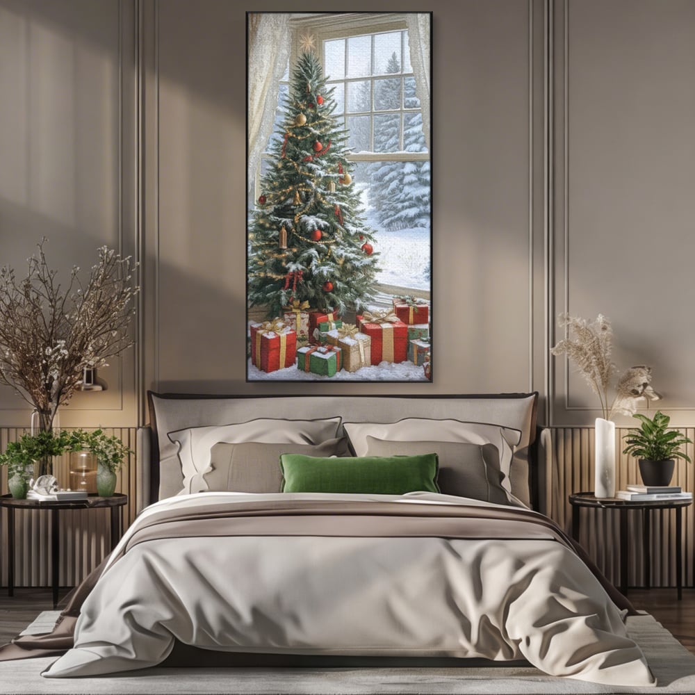 Tablou canvas cu tablou canvas cu brad de craciun si cadouri, in rama de aluminiu negru, pe perete intr-un dormitor