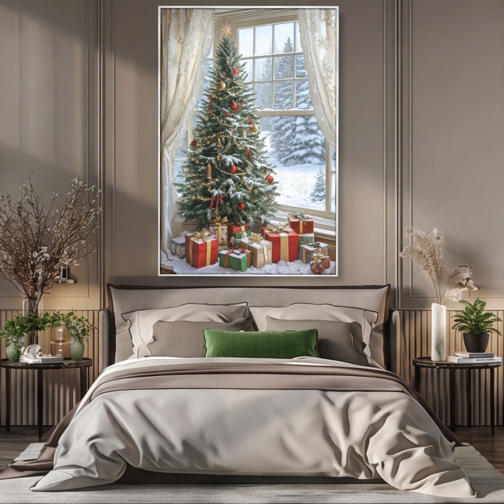 Tablou canvas cu tablou canvas cu brad de craciun si cadouri, in rama de aluminiu argintiu, pe perete intr-un dormitor