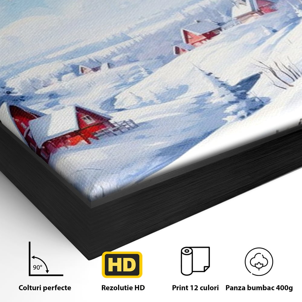 Detaliu al suprafetei: tablou canvas cu peisaj de iarna, in rama de aluminiu negru