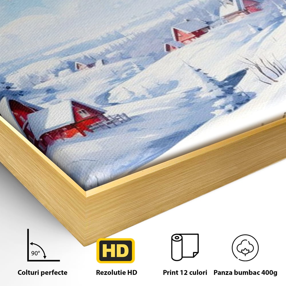 Detaliu al suprafetei: tablou canvas cu peisaj de iarna, in rama de aluminiu auriu