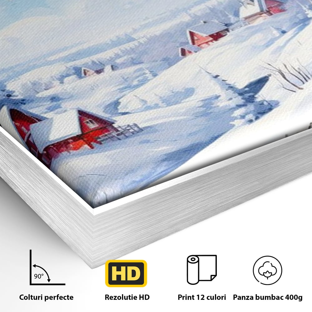 Detaliu al suprafetei: tablou canvas cu peisaj de iarna, in rama de aluminiu argintiu