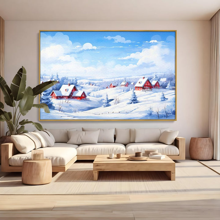 Tablou canvas cu tablou canvas cu peisaj de iarna, in rama de aluminiu auriu, pe perete intr-un living