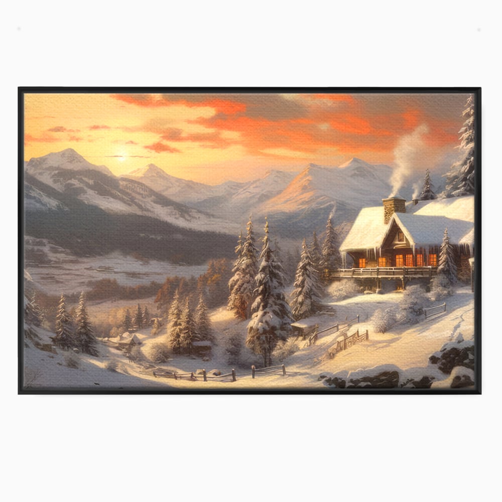 Tablou canvas cu pictura cu cabana in munti iarna, in rama de aluminiu negru