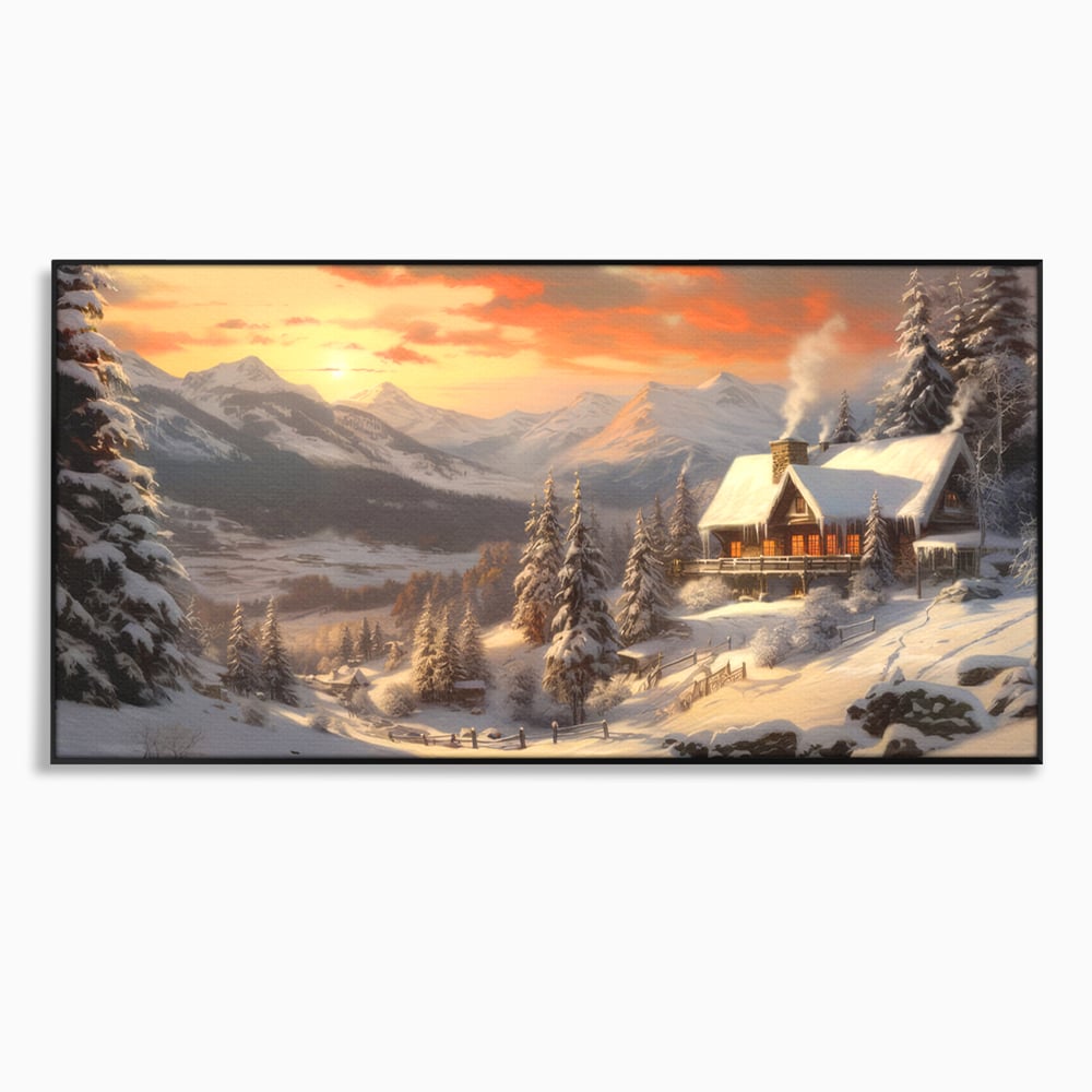 Tablou canvas cu pictura cu cabana in munti iarna, in rama de aluminiu negru