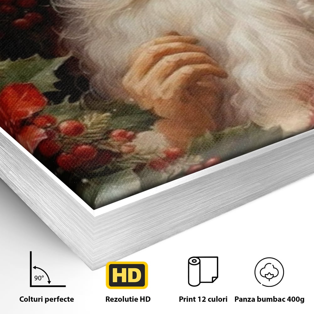 Detaliu al suprafetei: tablou canvas cu mos craciun, in rama de aluminiu argintiu