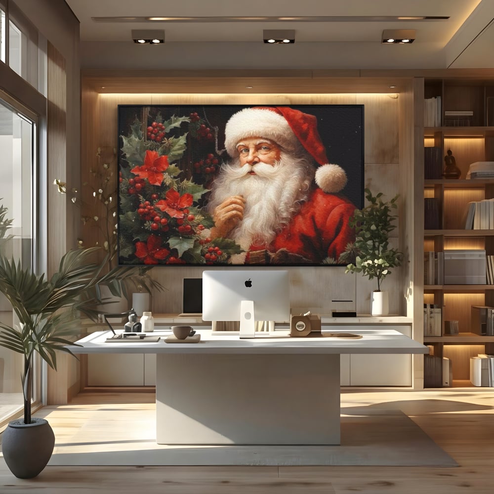 Tablou canvas cu tablou canvas cu mos craciun, in rama de aluminiu negru, pe perete intr-un birou