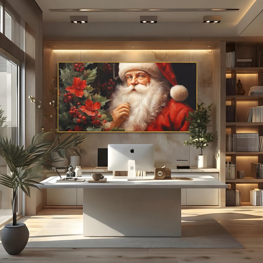 Tablou canvas cu tablou canvas cu mos craciun, in rama de aluminiu auriu, pe perete intr-un birou