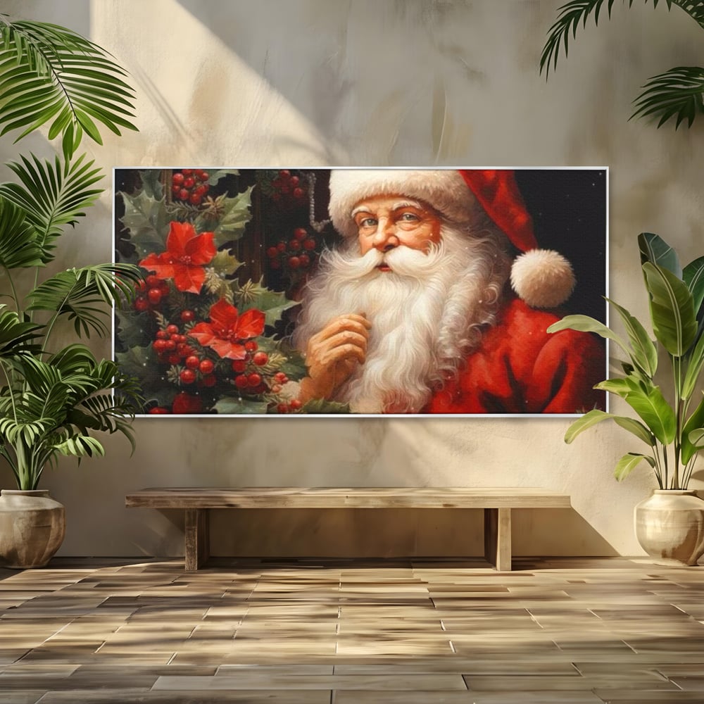Tablou canvas cu tablou canvas cu mos craciun, in rama de aluminiu argintiu