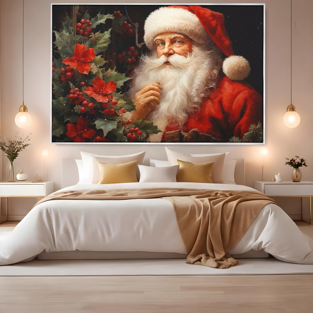 Tablou canvas cu tablou canvas cu mos craciun, in rama de aluminiu argintiu, pe perete intr-un dormitor