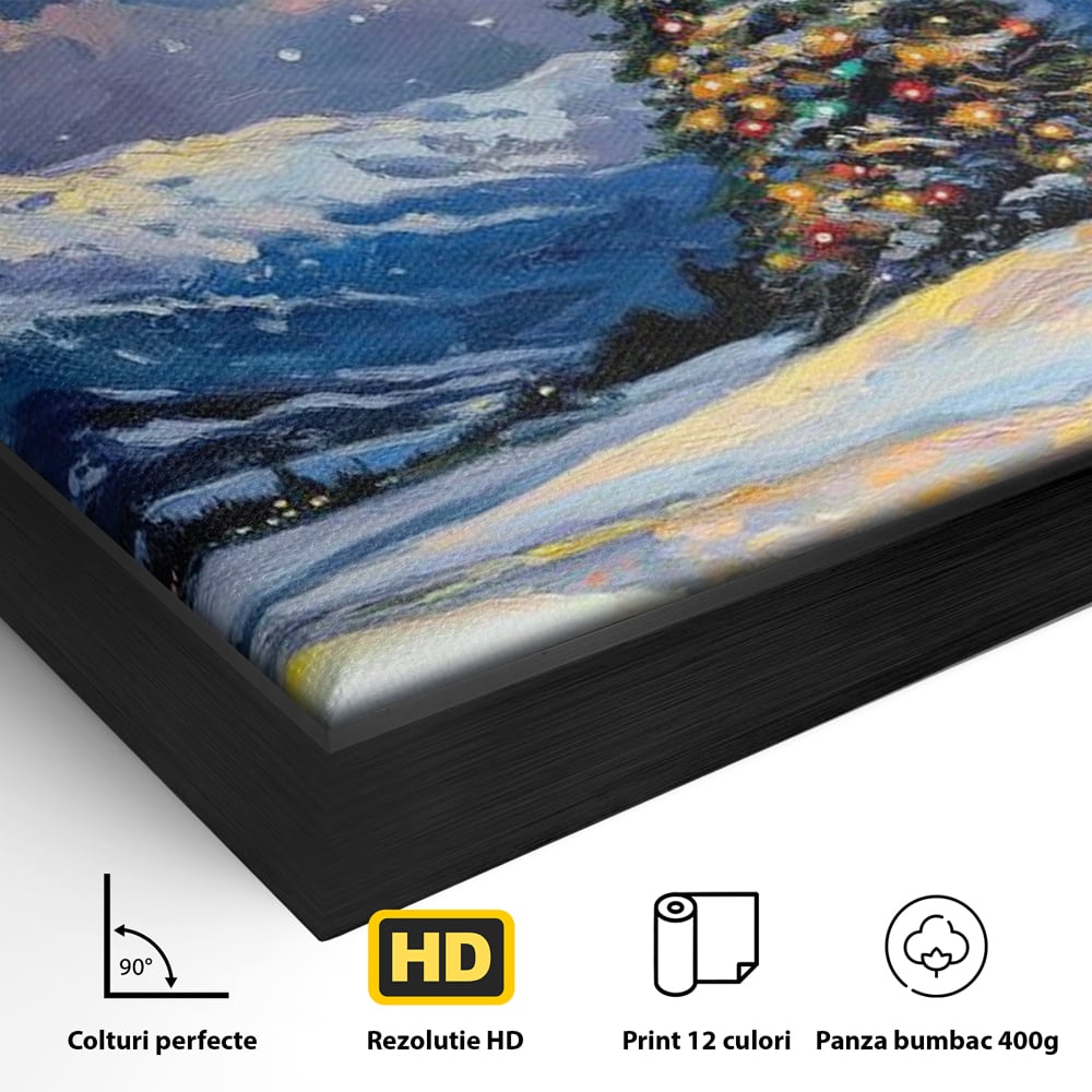 Detaliu al suprafetei: tablou canvas cu brad impodobit noaptea, in rama de aluminiu negru