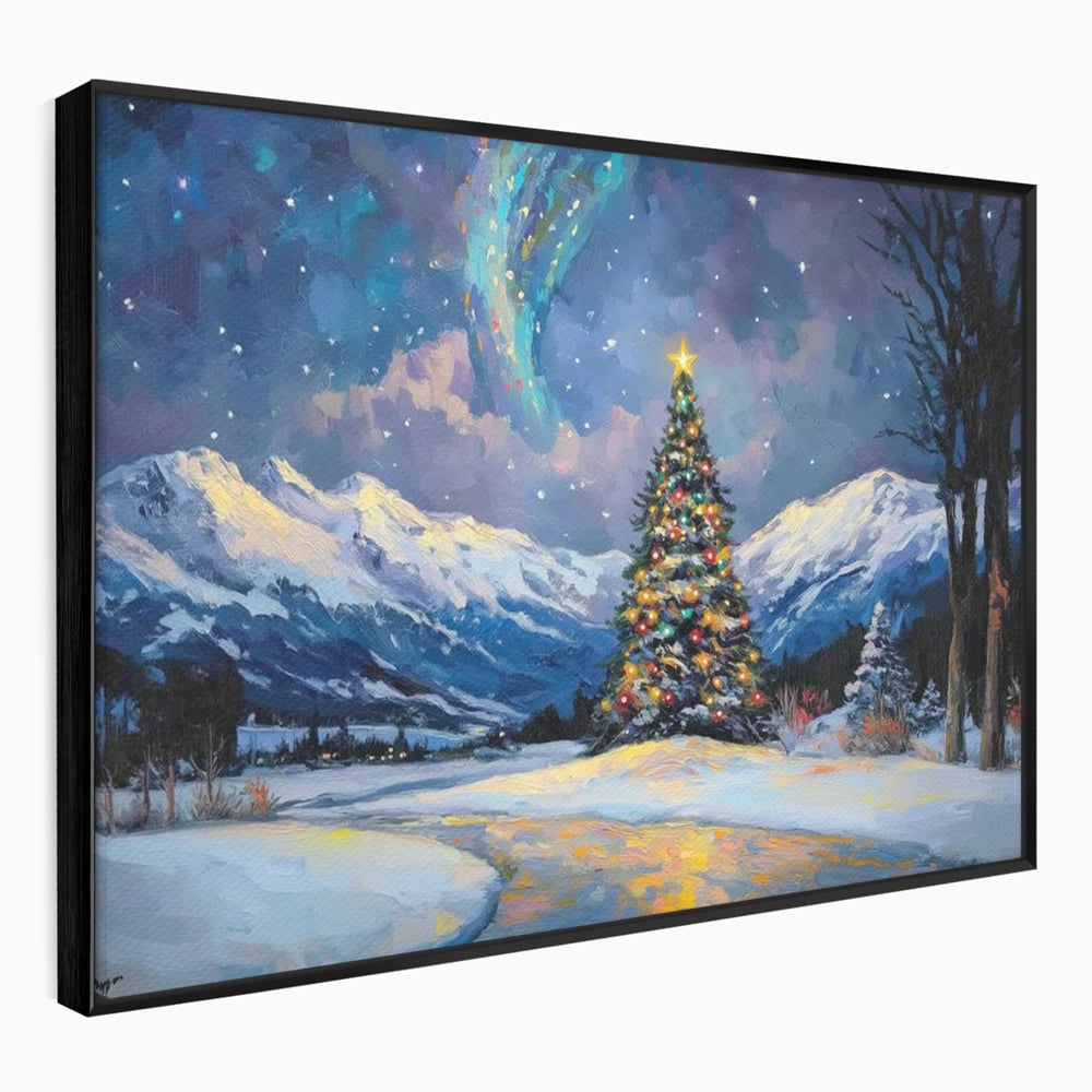 Tablou canvas cu tablou canvas cu brad impodobit noaptea, in rama de aluminiu negru