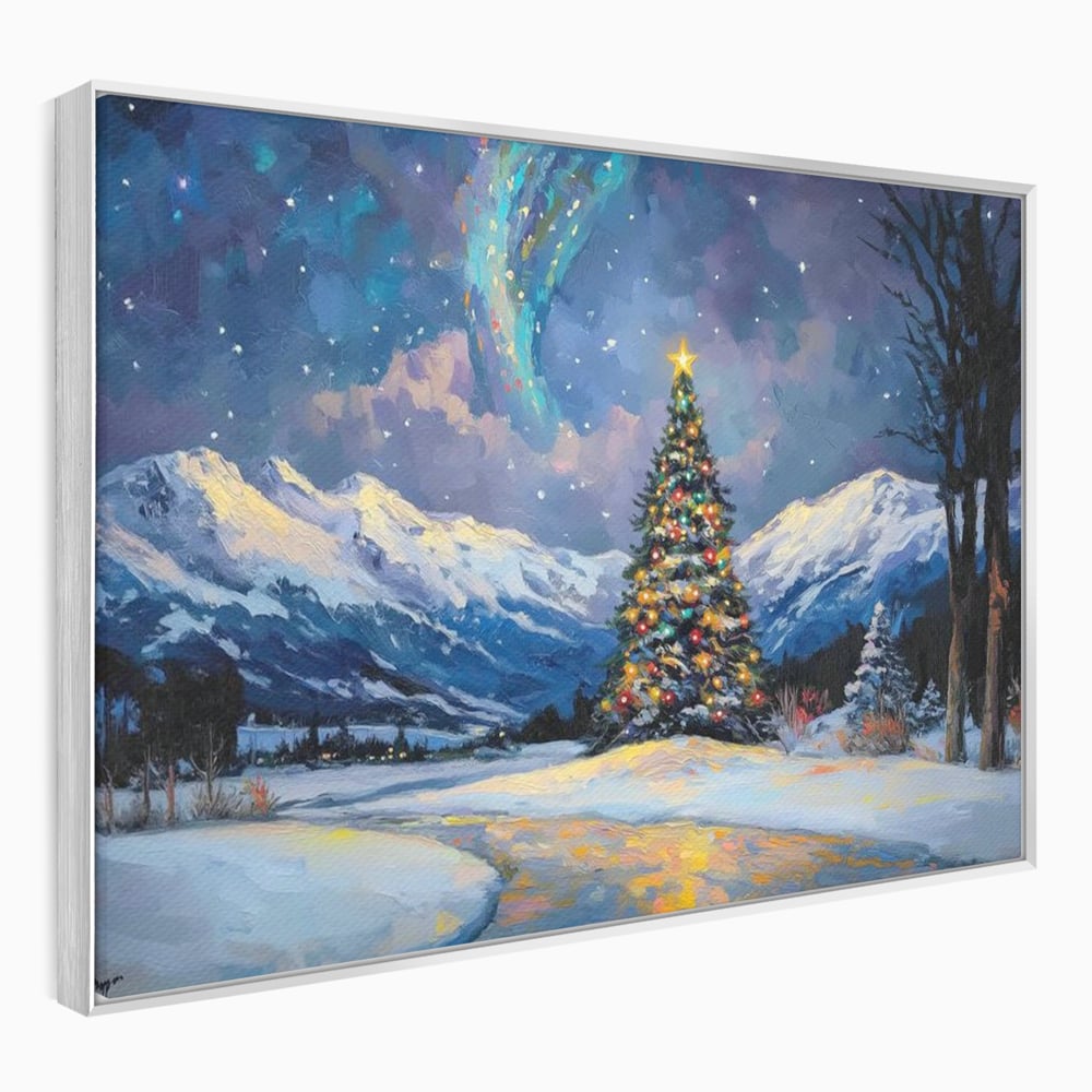 Tablou canvas cu tablou canvas cu brad impodobit noaptea, in rama de aluminiu argintiu