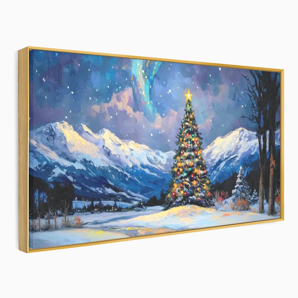 Tablou canvas cu tablou canvas cu brad impodobit noaptea, in rama de aluminiu auriu