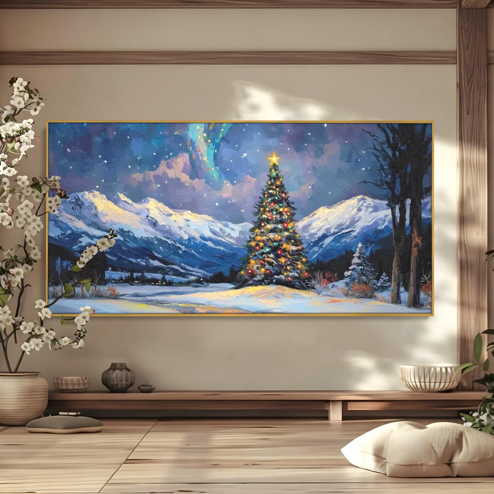 Tablou canvas cu tablou canvas cu brad impodobit noaptea, in rama de aluminiu auriu