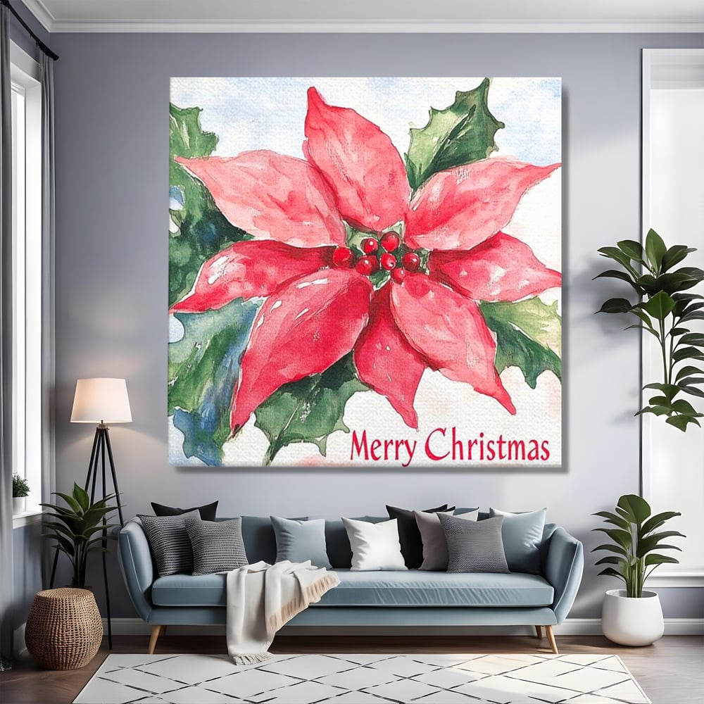 Tablou canvas cu pictura cu floare de craciunita, fara rama, pe sasiu de lemn, pe perete intr-un living