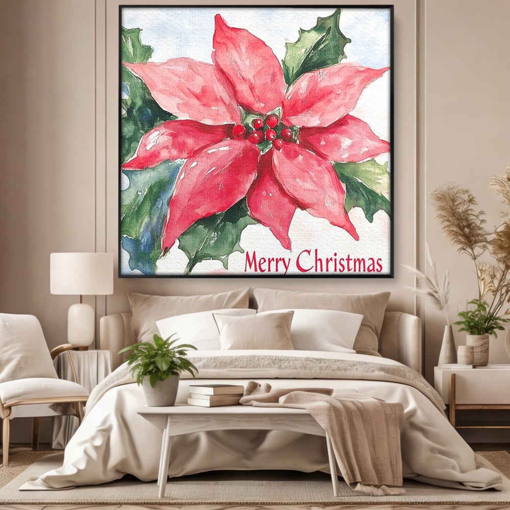 Tablou canvas cu pictura cu floare de craciunita, in rama de aluminiu negru, pe perete intr-un dormitor