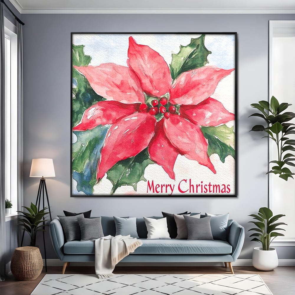 Tablou canvas cu pictura cu floare de craciunita, in rama de aluminiu negru, pe perete intr-un living