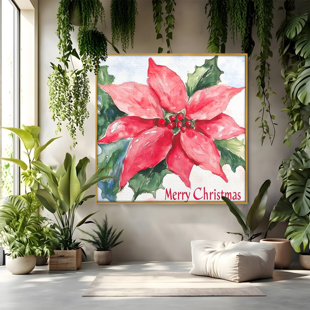 Tablou canvas cu pictura cu floare de craciunita, in rama de aluminiu auriu