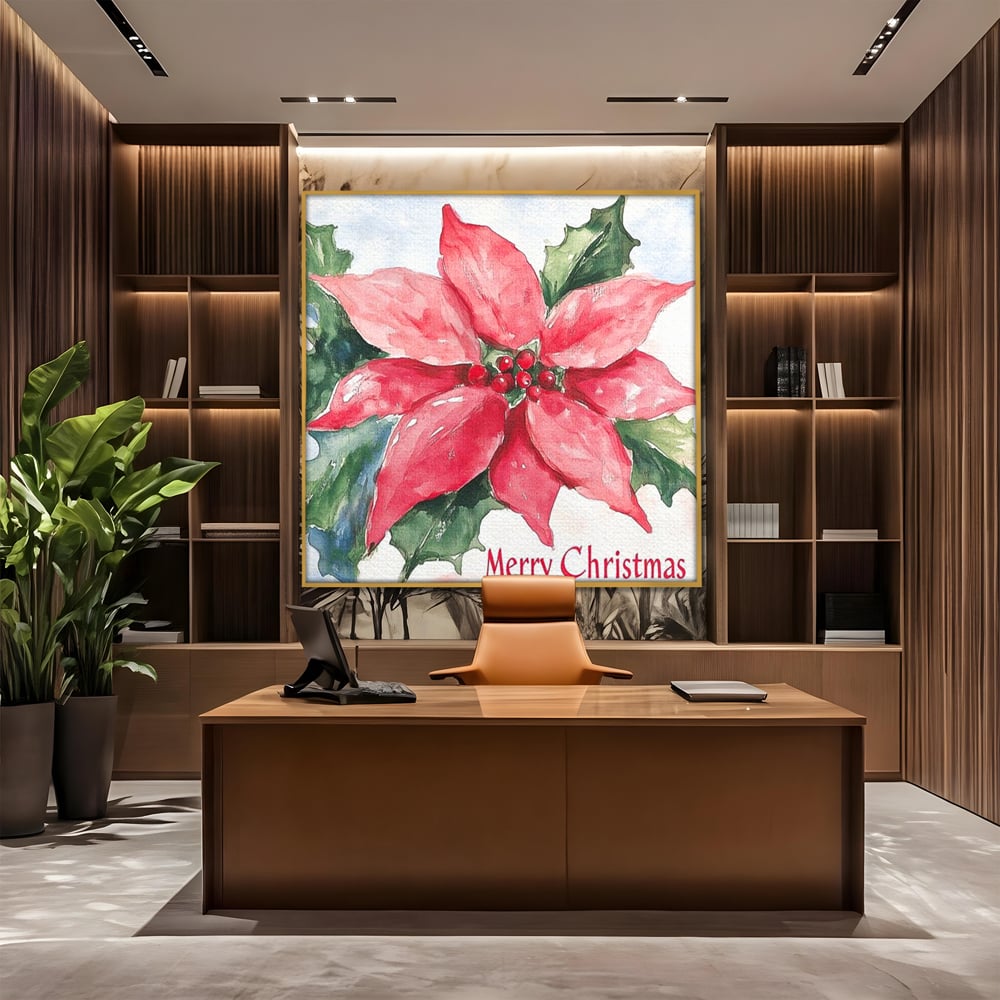 Tablou canvas cu pictura cu floare de craciunita, in rama de aluminiu auriu, pe perete intr-un birou