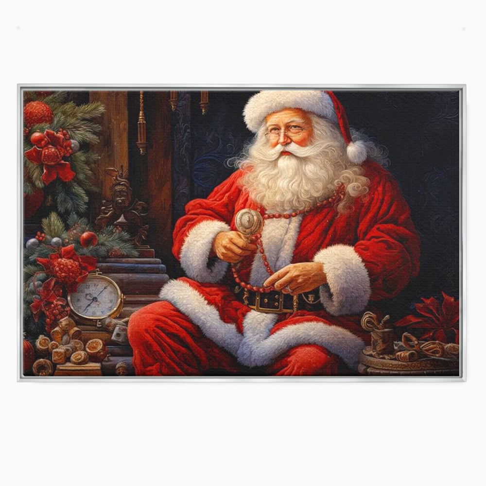 Tablou canvas cu mos craciun cu haina rosie, in rama de aluminiu argintiu