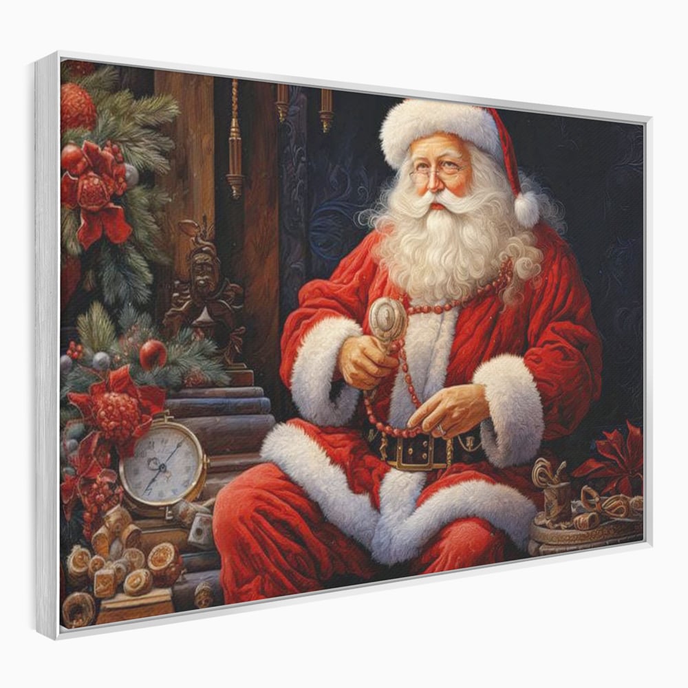 Tablou canvas cu mos craciun cu haina rosie, in rama de aluminiu argintiu